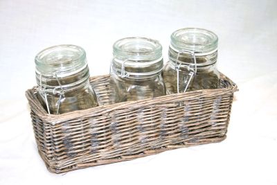 3 Storage / Condiments Jars in a Rustic Chic Wicker Baskets ZH0109