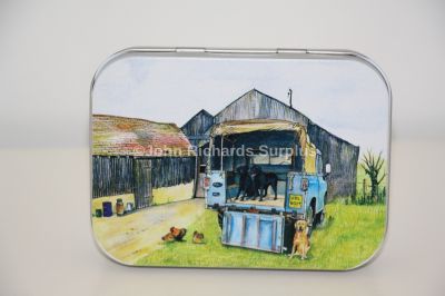 Sue Podbery Collection Tobacco Tin Labradors In A Land Rover SP34MMT