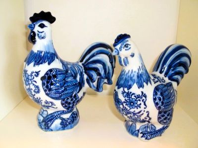 Blue China Cockerel and Hen Set 13715