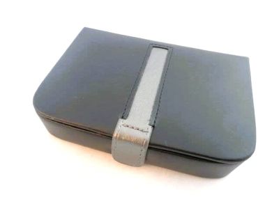Black Bonded Leather Earrings CuffLink or Tie Pin Travel Box with Grey Centre Stripe 1503