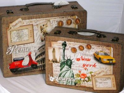 Italy & The USA World Traveller Design Wooden/Hessian Storage Suitcase Set 2741