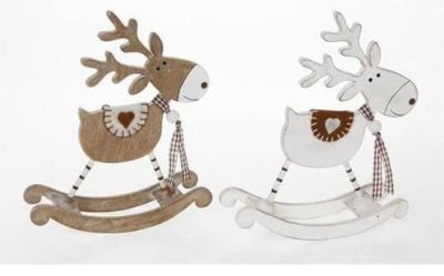 Wooden Rocking Reindeer in White or Natural Christmas Decoration 3843