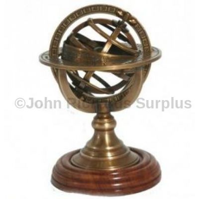 Armillary Sphere brass paperweight with wooden base
