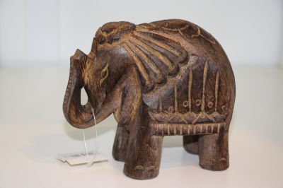 Wooden Elephant with Carved Africa Tribal Dress Detail 4578