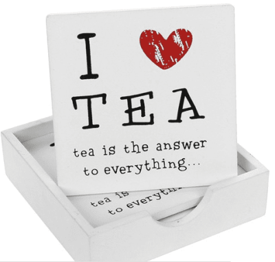 Set of 4 Wooden 'I Love Tea' Drinks Coasters with Wooden Holder 45860