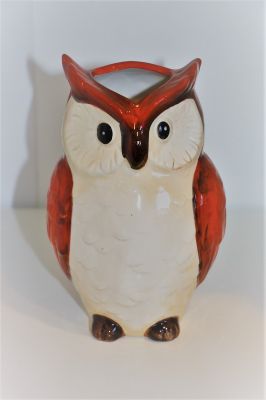 Red and Cream Ceramic Owl Vase / Utensil Holder 4683