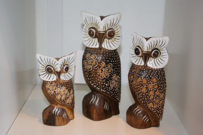 Set of 3 Wooden Decorative Owls. Owl Family 6578