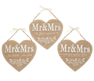 Mr & Mrs Hanging Wooden Hearts Available in 3 Styles. 67023