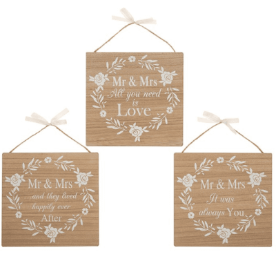 Mr & Mrs Wooden Hanging Plaque Available in 3 Styles. 67027