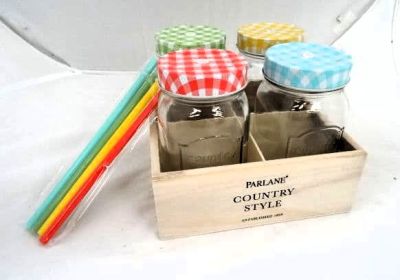Set of Four Retro Drinking Jars in a Wooden Crate 720994