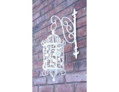 Metal White Birdcage Planter or Candle Holder with Bracket 8098