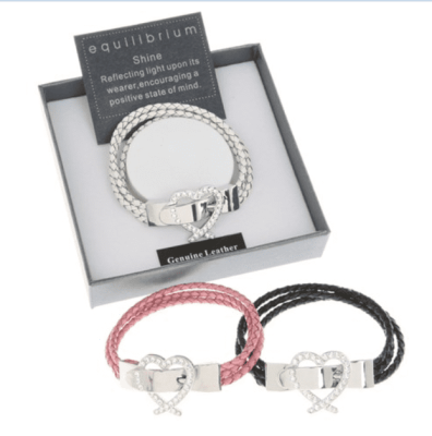 Equilibrium Triple Plaited Leather bracelet with Crystal Heart Buckle 9271 3 colours