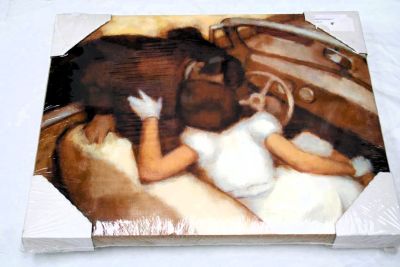 Wooden Frame Oil Painting Print of a Couple Kissing 