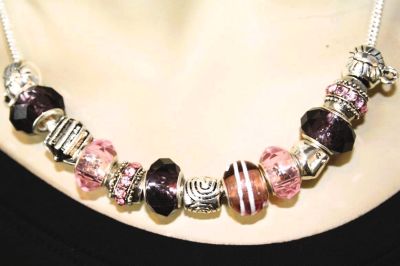 Ladies Glass Bead and Stone Charm Pink and Purple Necklace.CB556N 