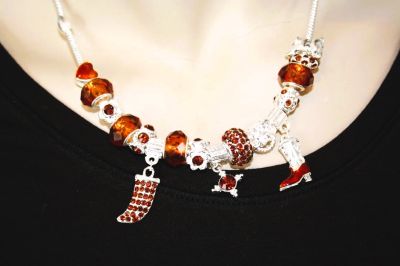 Ladies Glass Bead and Crystal Stone and Bronze Charm Necklace CB558N