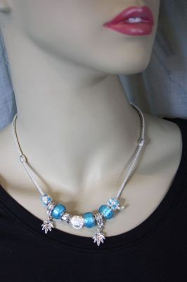 Ladies Glass Bead and Crystal Stone Aqua Necklace CB561N