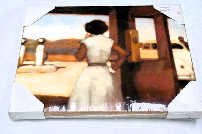 Wooden Frame Oil Painting Print of a Woman at a Fuel Station