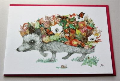 Emma Macleod Floral Wild Life Blank Greeting Card Pumpkin Hedgehog (Autumn) Free P&P