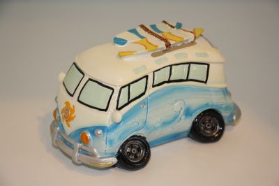 Caricature Campervan Money Box Piggy Bank Blue 5246