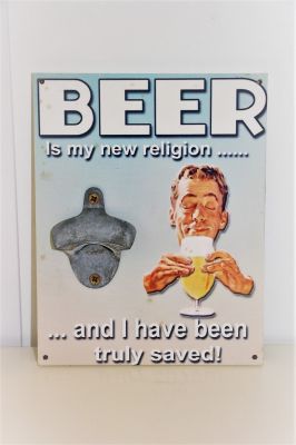 Novelty Bottle Opener Wooden Retro Sign Beer is my new religion Blue