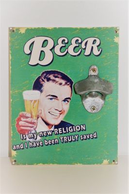 Novelty Bottle Opener Wooden Retro Sign Beer is my new religion Green