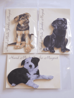 Hand Made Jumbo Wooden Puppy Magnet, Border Collie, Labrador or German Shepherd