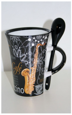 Saxaphone Music Coffee Cappuccino Mug with Spoon Black