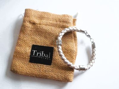 Tribal Steel Men's White Leather Bracelet with Lobster Clasp T1058