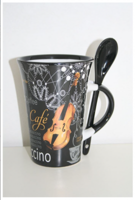 Violin Music Coffee Cappuccino Mug with Spoon Black