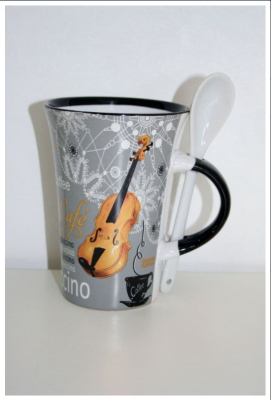 Violin Music Coffee Cappuccino Mug with Spoon Grey