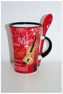Violin Music Coffee Cappuccino Mug with Spoon Red