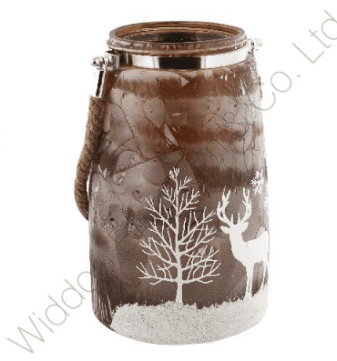 Brown Frosted Glass T Lite Lantern With Christmas Reindeer Print XM2977