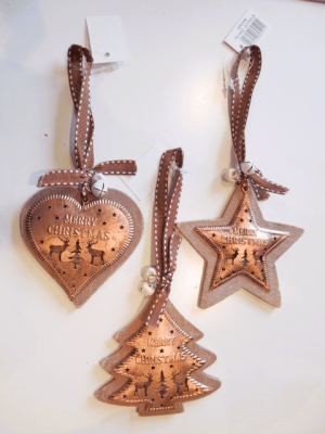 Copper & Wood Christmas Tree Decoration, Star, Heart or Tree. XM3396,3397, 3398