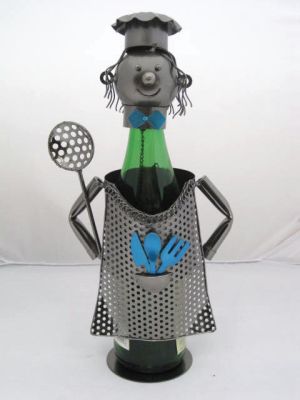 Metal Sculpture Wine Bottle Holder Chef with Spatula
