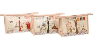 Paris Postale Wash Bag 3 Designs Trimmed with Pink Edging and Strap 22494