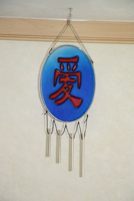 Oriental Style Wind Chime With Love Symbol in Red on Blue Resin Panel FS0892 A