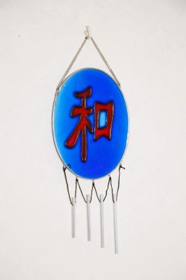 Oriental Style Wind Chime With Peace Symbol in Red on Blue Resin Panel FS0892 C