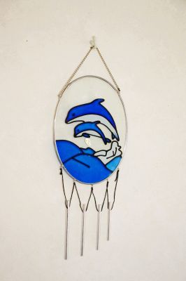 Dolphin Mother and Calf Wind Chime Blue and Clear Resin Oval Panel FS0892 E