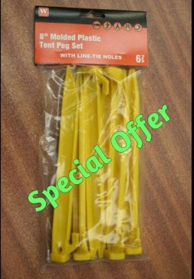 Base Camp set of 6, 8inch molded plastic tent pegs 32527