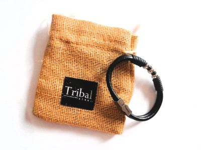 Tribal Steel Men's Black Leather Double Band Bracelet with Triple Oval Beads T1080
