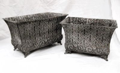 Pair of Rectangle Tin Planters Grey with Fleur De Lys Design 0415