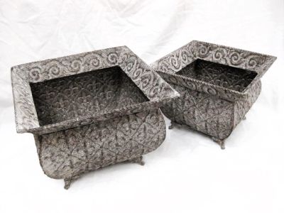 Pair of Square Tin Planters Grey with Fleur De Lys Design 0416