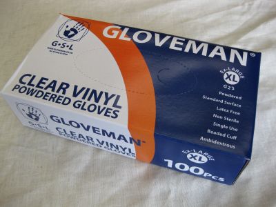 Powdered clear vinyl gloves latex free box 100 size x/large